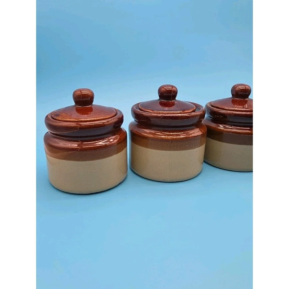 4 Brown & Tan Stoneware Crocks 3 Tone Jars with Lids 2.75